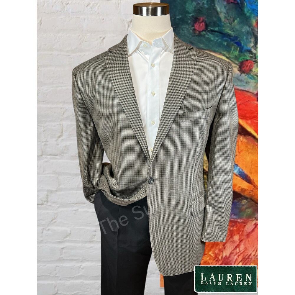 Ralph Lauren LRL Mens 48L Tan Brown Houndstooth Silk Wool Blazer Sport Jacket